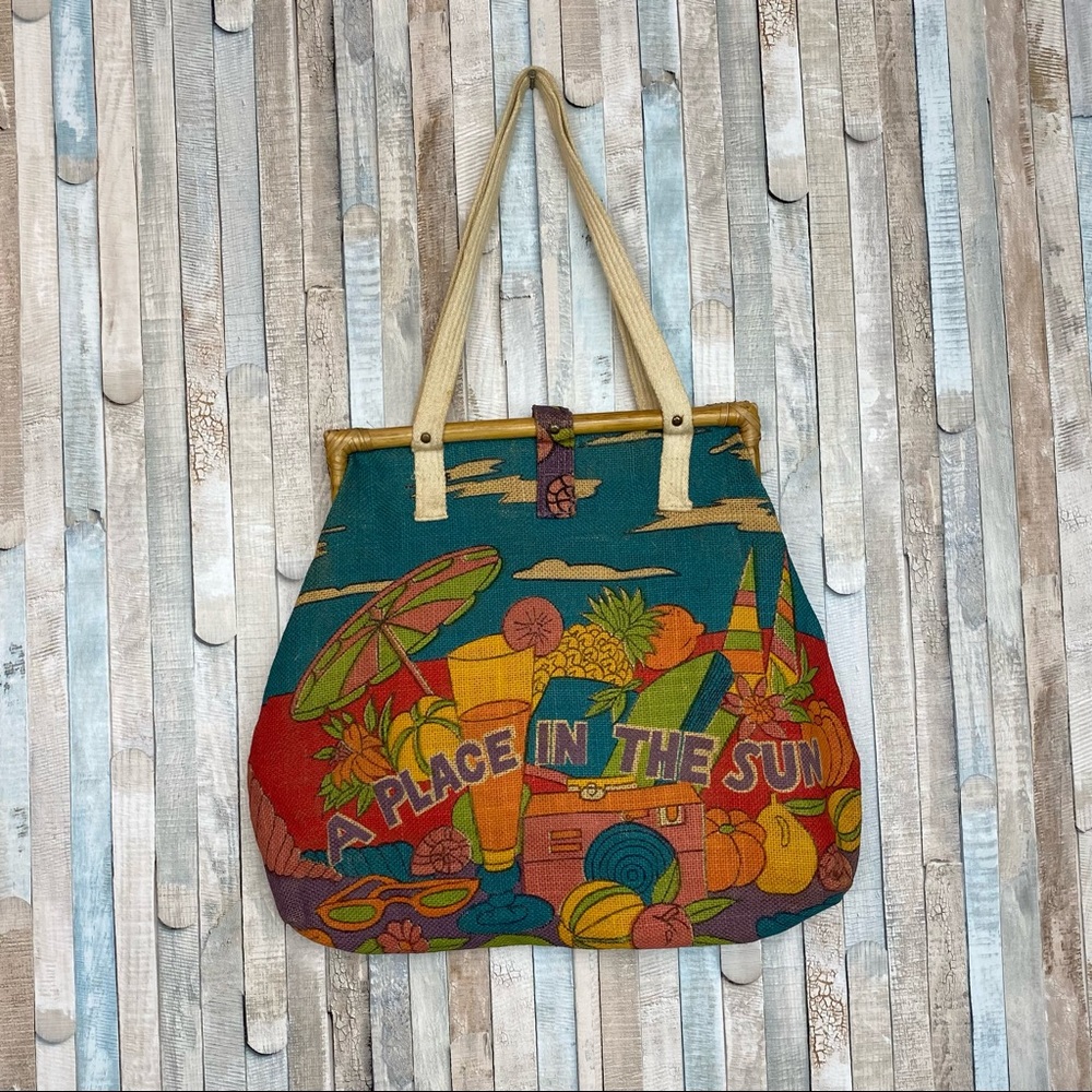 Vintage 70s 80s Bright Colorful Summer Vacation Bag Purse Tote Jute Statement - Picture 2 of 8
